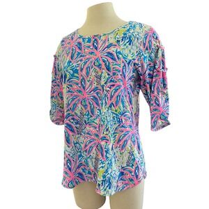Lulu-B Tropical Palm Print Top Womens Small Blue Pink 3/4 Sleeve Grommet Resort
